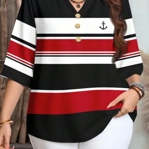 Plus Size Women’s Striped Loose Fit Baggy Button-Up Shirt Blouse – Casual Spring Summer Fall Top for Daily & Vacation Wear All Seasons Blouse