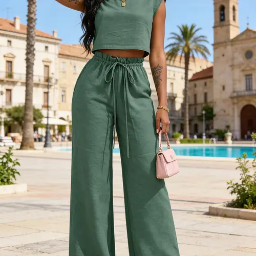 Women's Linen Breathable 2 Piece Set, Crop Top & Wide Leg Pants, Drawstring Waist, Summer Vacation, Beach Resort Wear, Effortless Chic Style