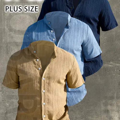 3PCS Men's Plus Size Summer Short Sleeve Shirt Top - Lightweight Breathable Solid Color Button-Up Casual Shirt with Stand Collar,Machine Washable for Beach Vacation,Pool Party & Casual Attire,Beach Shirt,Perfect for gifting, Breathable Clothes