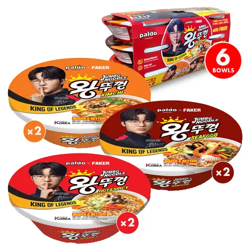 [Paldo Official] Paldo Wang Tukong-Jumbo Cup-Packaged Instant Noodles 6-Cup Variety Pack (Faker Collaboration) - 3 Flavors: Hot & Spicy, Kimchi, Seafood, 4.23 oz Each, Instant Soup Base, Low Sodium Meals, Mix & Match Bowls, For Busy Professionals