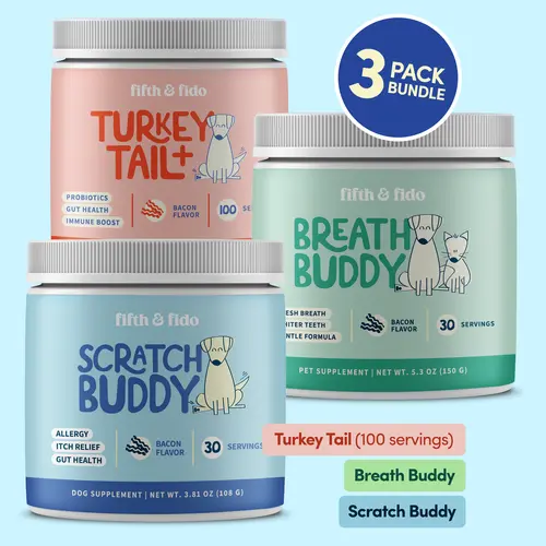 Fifth and Fido Canine Nutritional Supplement Daily Dog Health System 3-Pack Bundle - Natural Breath Buddy, Scratch Buddy, Turkey Tail+ for Complete Support with Simple Routine, Sprinkle Once, All-In-One, Natural Powders