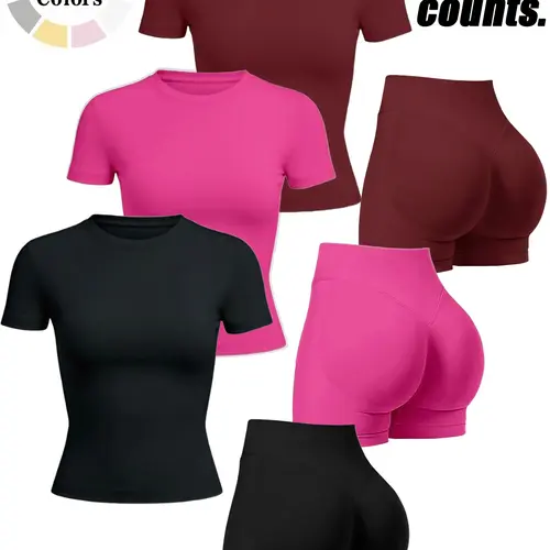 Women's Seamless Sport Knit Set, Gym Workout Wear, Sportswear Yoga Set, Round Neck Short Sleeve Top + Invisalign Hip-Lifting Shorts, Breathable High Waist Yoga Pants, Summer Activewear, Gym Workout Clothes, Exercise Clothing