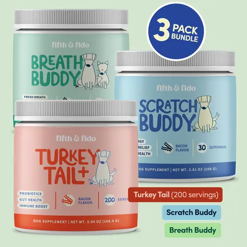 Fifth and Fido 3-Pack Canine Nutritional Supplement Bundle - Natural Daily Dog Supplements with Breath Buddy Probiotics, Scratch Buddy Collagen, Turkey Tail+ (200 Servings)