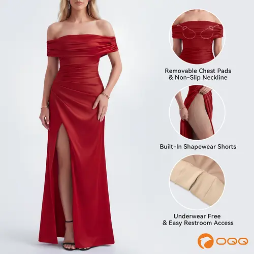 OQQ Women's Fitted Stretch Satin Ruched Off-Shoulder Bodycon Formal Gown - Built-in Shapewear, High Slit, Black Tie Wedding Guest Outfit, Party Event Wear