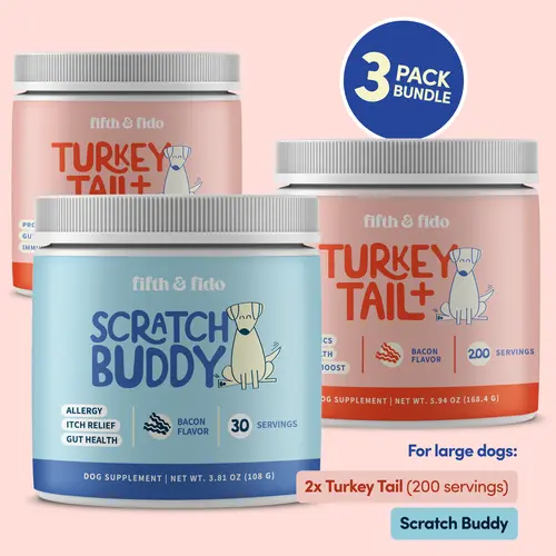 Fifth and Fido Scratch Buddy + Turkey Tail Mushroom Bundle Dog Food Topper, with Spirulina, Bovine Colostrum, Boswellia, Bacon Flavor, Skin & Immune Support, Made in USA, Powder Topper Blends Into Any Bowl