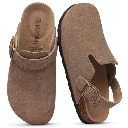 Women's Suede Clogs with Back Strap Men's Leather Mules Cork Footbed Slip on Potato Shoes