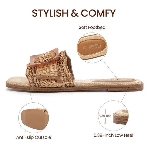 Rihero Women's Woven Raffia Sandals, Casual Square Toe Slides with Adjustable Buckle, Non-Slip Flat Footwear for Summer, Casual Outdoor Sandals, Women's Sandals,back to school,back to school haul