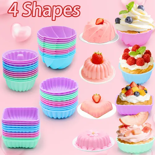 48 Pieces, Silicone  Donut Mold, Deep, Large Reusable Baking Cups，Non-Stick, 4 Shape Silicone Molds, Heat Resistant Bakeware for Bagel, Muffin, Jello and Cake Baking，Oven- Microwave- Dishwasher Safe，Easter gifts, Baking Molds, Flexible
