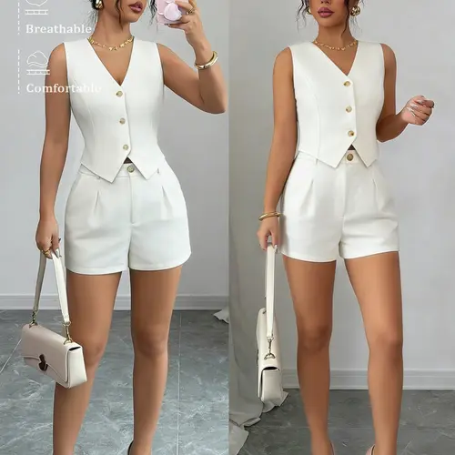 Women's Casual Sleeveless Fitted Top Vest & Shorts Matching Set Suits, Summer Fashion, Comfortable Breathable Lightweight Everyday Wear, Stylish Ladies' Clothing, Shorts Set Outfit