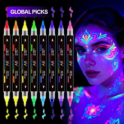 Glow-in-the-Dark Face Paint Markers, 8 Pack 16 Colors, Black Light Neon Body Paint Set, Body Paint Pens for Skin, Washable UV Temporary Tattoo, for Birthday Glow Party, Halloween Makeup & Easter Basket Stuffers, Versatile Usage #GLOBAL PICKS