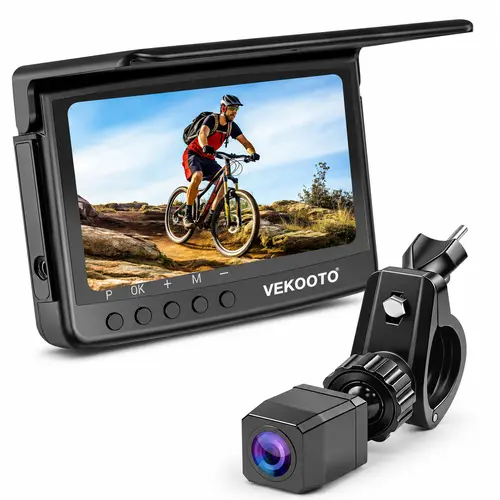 VEKOOTO VB5 Bike Camera Set Rechargeable Battery 4.5'' HD 1080P Monitor Color Night Vision 3 Mins Easy Installation Wide View Handlebar Bicycle Rear View Camera for Mountain E-bike