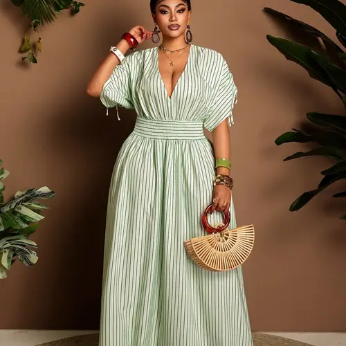 Plus Size Striped Loose Long Dress, V Neck Tie Waist Design, Elegant Casual Wear, Women's Fashion Clothing, Womenswear, Casual Elegant Dresses, Vneck Dress