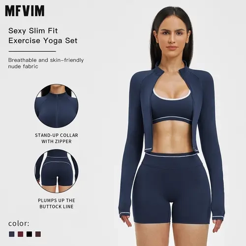 MFVIM women’s color-block high-stretch sports bra, high-waisted shorts, and zip-up cropped jacket set; breathable, comfortable activewear for yoga, gym, and running; athletic outfit, one-piece set,back to school,back to school haul,sohochic