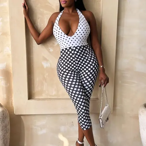 Women's V-Neck Halter Polka Dot Fitted Jumpsuit, Fashion Jumpsuit, Chic & Comfortable Jumpsuit for Everyday Wear and Date Nights, Stylish Chic and Comfortable, Womenswear