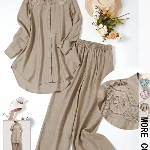 Women's Spring Summer Two-Piece Set, Lace Patchwork Woven Fabric Fitted Shirt & High Waist Wide-Leg Pants, Boho Casual Style Outfit for Vacation, Travel and Daily Wear, Top, Clothes