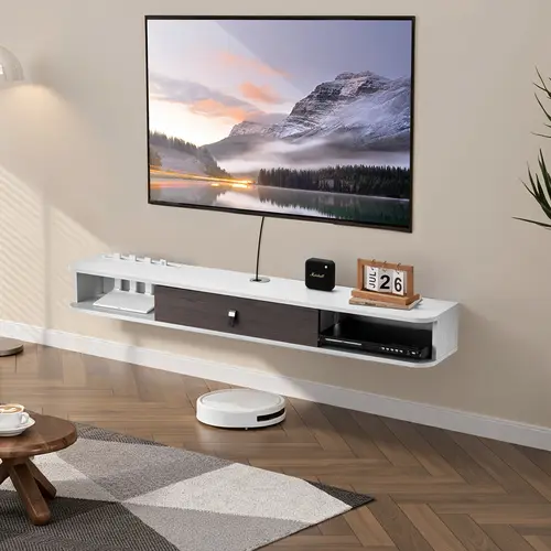 【SummerFinds】VEVOR 55-in Floating TV Stand with TV Wall Mount, Modern Particle Board Living Room Furniture, Cable Hole, Storage Cabinet for DVD Player & Cable Box, Ideal for Living Room Decor