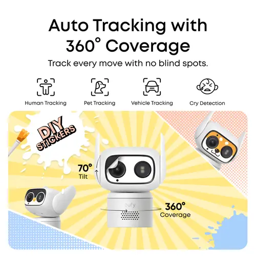 eufy Security Wired Camera C31, Indoor/Outdoor Camera, IP66, 360° Coverage with Pan&Tilt, 24/7 Recording, Auto Tracking, No Subscription, Color Night Vision, AI Human/Vehicle/Pet/Cry Detection