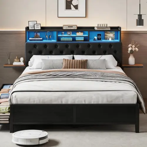 Queen Bed Frame with LED Lights & Charging Station, Metal Platform Bed Frame with 2 Tier Storage Headboard, Under Bed Storage, No Box Spring Needed, Outlet Mute Strips, Soft Backrest, Easy Assemble
