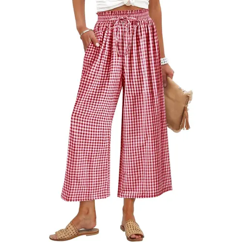 ANRABESS Womens Striped Gingham Palazzo Capri Pants Wide Leg Pajama Lounge Trousers Plaid Cute Crop PJ Bottoms with Pockets Loungewear Casual