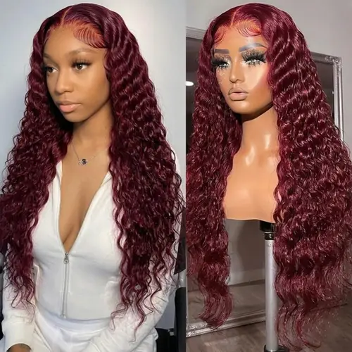 Bling Hair 99J Burgundy Deep Wave 13x4 13x6 Lace Frontal Human Hair Wigs 180 Density Wine Red Color Brazilian Virgin Hair Pre Plucked Bleached Knots Natural Hairline for Women backtoschool, Natural Look, Female sohochic