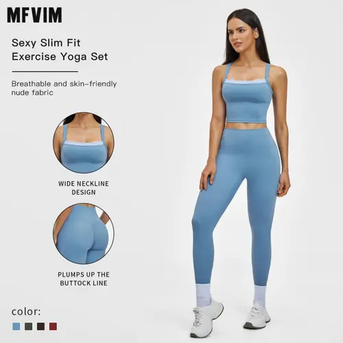 MFVIM Women's 2-Piece Cross-Back Yoga Set - High-Waisted Quick-Dry Pants, Color-Block Spaghetti-Strap Cropped Top, Athletic Fashion Activewear, Workout Sets Women for Gym Fitness,back to school,back to school haul