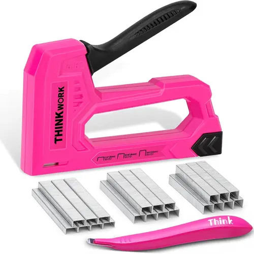 【FathersDayGift】 THINKWORK Light Duty Staple Gun, Pink Upholstery Staple Gun for Wood with 1600pcs JT21 Staples 1/4", 5/16", 3/8" and Staple Remover, Women Fabric Stapler Gun for Crafts, Wall, Arts, DIY, Decoration