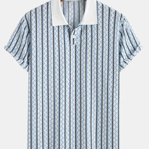 Men's Jacquard Striped Knit Polo Shirt, Premium Stretchy Fabric, Slim-Fitting Short Sleeve Ribbed Collar, Casual Summer Textured Top, Stylish & Comfortable Clothes