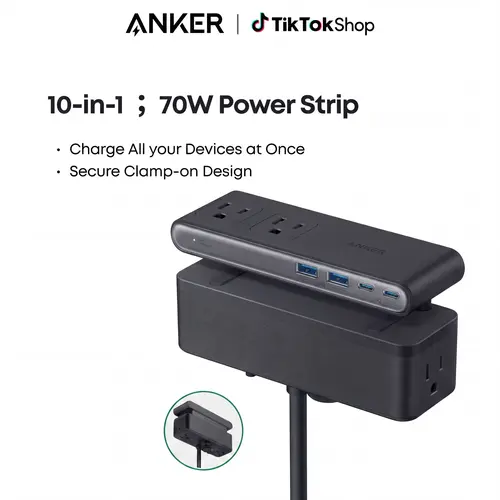 【10-in-1 Desk Clamp】Anker Nano Power Strip, 1500J Surge Protection,5 ft Extension Cord, 70W Max Gaming Desk Accessory, 6 AC, 2 USB A, 2 USB C, Home Office Essential, Fitts 0.6 - 1.8" Tabletop Edge (Usb Port Gadget, Usb A Ports, Multiple Usb Port)