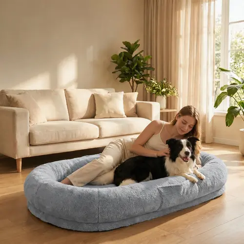 Dual-Use Human & Pet Fleece Lounger Bed - Detachable Pillow, Foam-Filled, Non-Slip, Portable Handle, Waterproof, Stain-Resistant, Easy Clean Machine-Wash Cover, for Family Bedroom Use