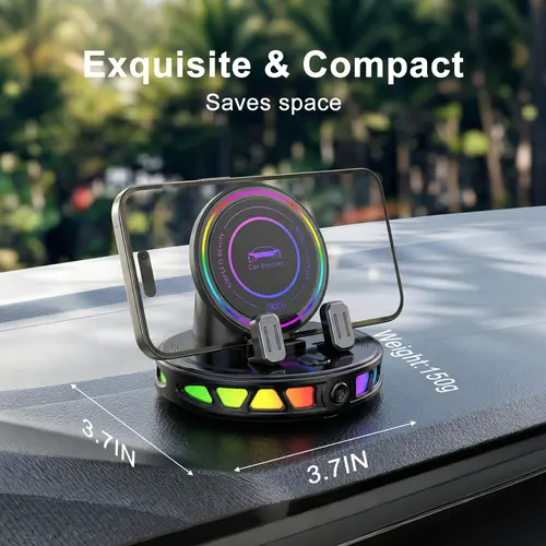 360° Rotating 15W Wireless Charging Car Phone Mount with RGB Ambient Light – Ultra-Stable Vacuum Suction & Auto-Lock Gravity Holder for Dashboard & Windshield, Fits iPhone & Android