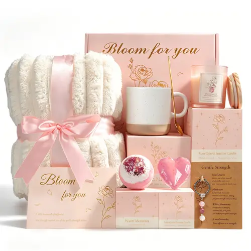 Women's Soothing Stress Relief Self-Care Gift Basket with Blanket - Pink SPA Relaxation Box, All-Occasion Set for Mom, GF, Anniversary (Targeting Bestie, Sister, Daughter)