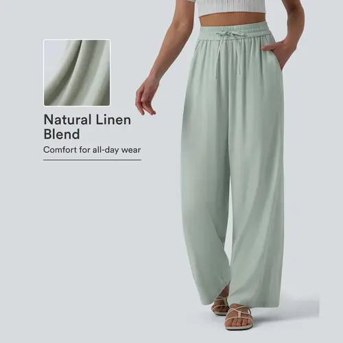 Halara High Waisted Drawstring Wide Leg Casual Linen-Blend Pants with Pockets