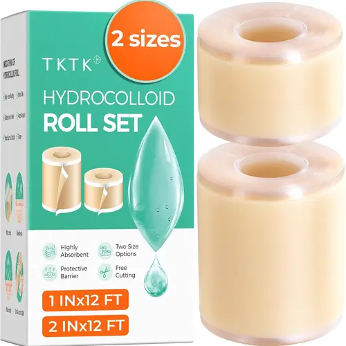 TKTK 2-Size Hydrocolloid Roll, (2in*12ft + 1in*12ft) Hydrocolloid Bandages, Hydrocolloid Patch for Acne, Wound, Burn, Blister Care, Pimple Patches with Easy-Peel Backing, Waterproof & Ultra Absorbent #sohochic