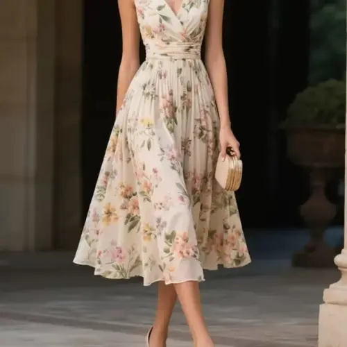 Elegant Ruched Floral Print Chiffon V-Neck Sleeveless A-Line Slim Fit Midi Dress, Lightweight Women's Fashionable Summer Dress, Boho Style Dresses, Boho Floral Dress, Lady Womenswear, Casual Dress Style, Boho Styles Fashion