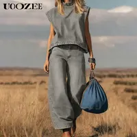 UOOZEE Lady's Vintage Minimalist 2-Piece Woven Denim Clothes Set - Polyester Fabric, Basic Everyday Comfortable Cropped Mock Neck Sleeveless Tank Top, Loose Wide-Leg Pocket Pants, Leather Cap Included (Spring Summer Casual), Style, Statement, Flowy, Eveni