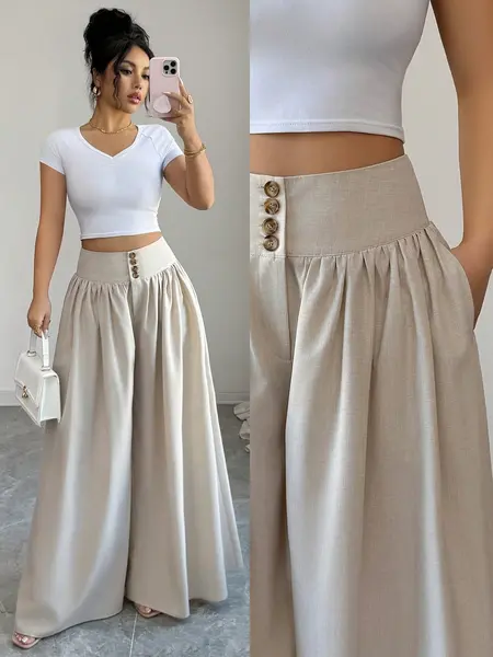 New Women's Casual Elegant Chic Floral Buckle Design High Waist Loose Wide Leg Pants, Linen Long Pants, Spring Summer Wear, Palazzo Pants, Womenswear, Bottoms