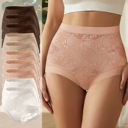 Morelect 10-Pack Women's High Waist Floral Lace Panties, Crisscross Front Breathable Soft Briefs, Everyday Underwear for Women, Basic