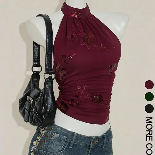 Spring and Summer Halter Neck, Backless Sequin Floral Sleeveless Top for Women, Summer Tops Trendy, Boho-Style Elegant Sleeveless Cami for Vacation and Festival Beachwear, Camisole Tank Tops