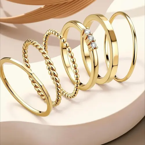 6 Pcs 14K Gold Plated Fashion Stackable Rings Set for Women Girls, Non Tarnish Dainty Cubic Zirconia Thin Ring Set, Trend Jewelry, Size 5-11