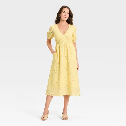 Women's Puff Elbow Sleeve Eyelet Midi Empire Waist Dress - A