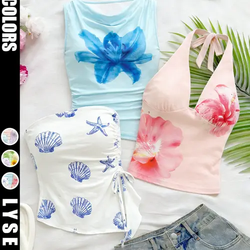 Women's Summer Vacation Style Fashion 3 Piece Tank Top Camisole Set, Shell, Peony Flower and Halter Floral Print Design Top, Casual Beachwear