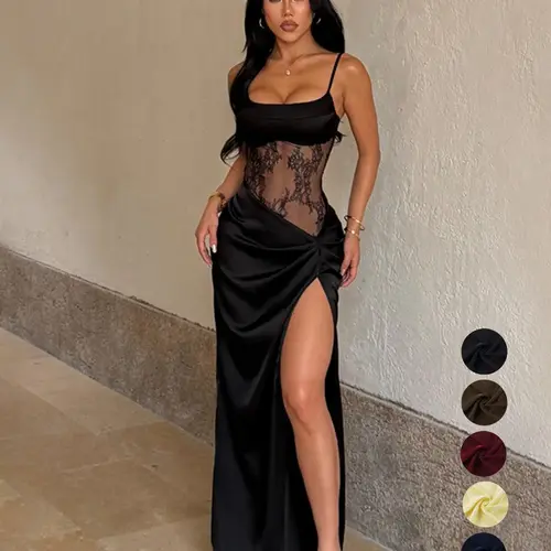 Sexy Lace Panel Cami Dress with High Slit, Backless Design, Feminine Style, Perfect for Parties & Special Occasions, Formal Wear, Women's Elegant Fashion Dress
