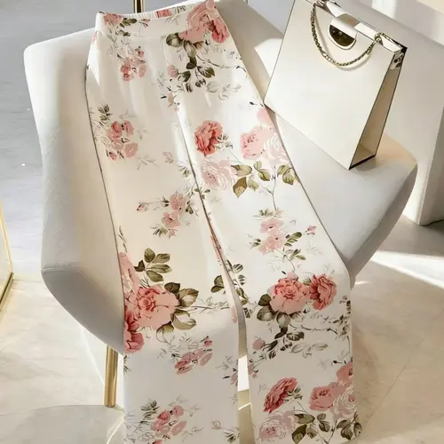 Women's French Vintage Floral High Waist Wide Leg Trousers High Rise Summer Palazzo Pants Wide Legged Pants, Slimming Fit, Perfect for Beach Vacation, Date Night, Office Commute, Daily Casual Wear