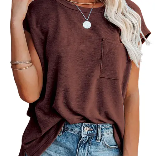 Autumn Loose Sleeveless T-Shirt for Women, Simple Basic Minimalist Solid Round Neck Slimming Versatile Top with Pockets, Casual Fashionable Clothing