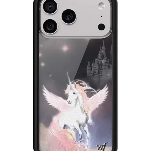 Mazzy Joya Collab | Limited Edition Trendy Collaboration iPhone Case | Raised Protective Black Bumper | Women Owned Small Business | Aesthetic Collaboration Dark Background Flying Castle Vibrant Unicorn Pegasus | Safety Casing Protective | Gift for Her