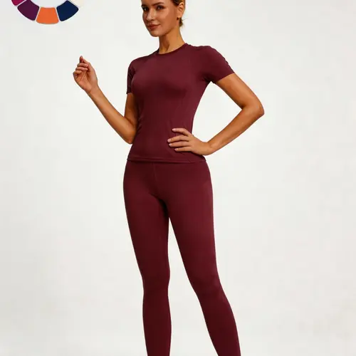 Youth Campus Fitness Solid Color Top, Elastic Round Neck Casual Wear, Elegant High Waist Pants, Fitness Sport Outfits, Stretchable Activewear, Suitable for Daily Dance & Yoga, Activewear Clothing, Active Sportswear