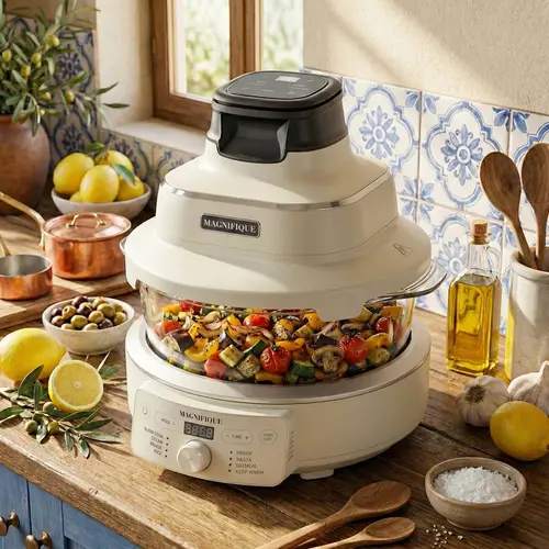 12-in-1 Glass Combo Multi-Cook Steam Pot Countertop Fryer - Non-Toxic Slow Cooker with Transparent Pot, Lid, Crisper Disk, Digital Settings, 12 Easy Cooking Modes (Sauté, Steam, Roast), Teflon-Free, Effortless Cleaning for Family Meals