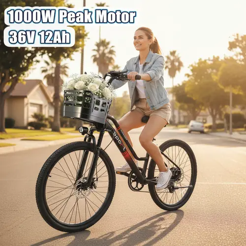 VIPLAT Q6 Adult 26" Commuting E-Bike - 1000W Peak Motor, 25MPH, 432Wh Removable Battery, 7-Speed Gears, Dual Power-Cut Brakes, All-Terrain Tires, Adjustable Seat, Front Basket, Balanced Ride