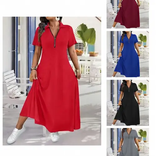 Women's Comfy Short-Sleeve Quarter-Zip Knit Fabric Polo Maxi Dress - Smooth, Adjustable, Sporty, Breathable Polyester Pullover for Everyday, Beach Casual Wear (Multiple Colors)