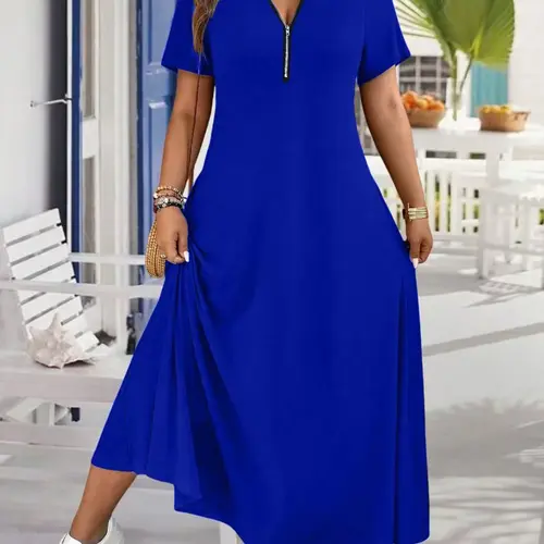 Women's Plus Size Casual Maxi Dress Short Sleeve Polo V-Neck Zipper Long A-Line Flowy Dresses (S-5XL), Light, Silky,summeroutfits,vacationoutfits,beachoutfits